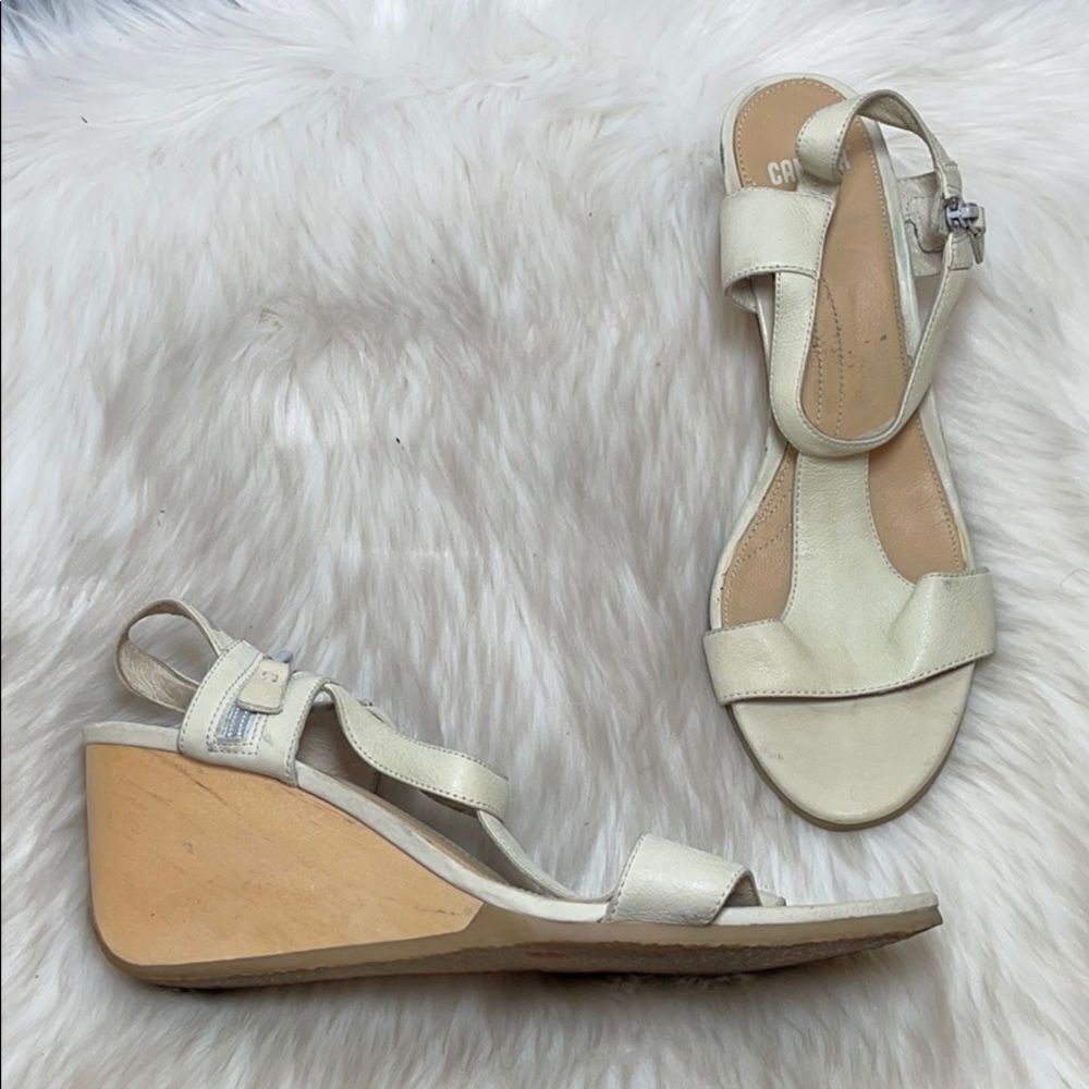 Camper Ivory Leather Wood Wedge Sandals Sz 41/11